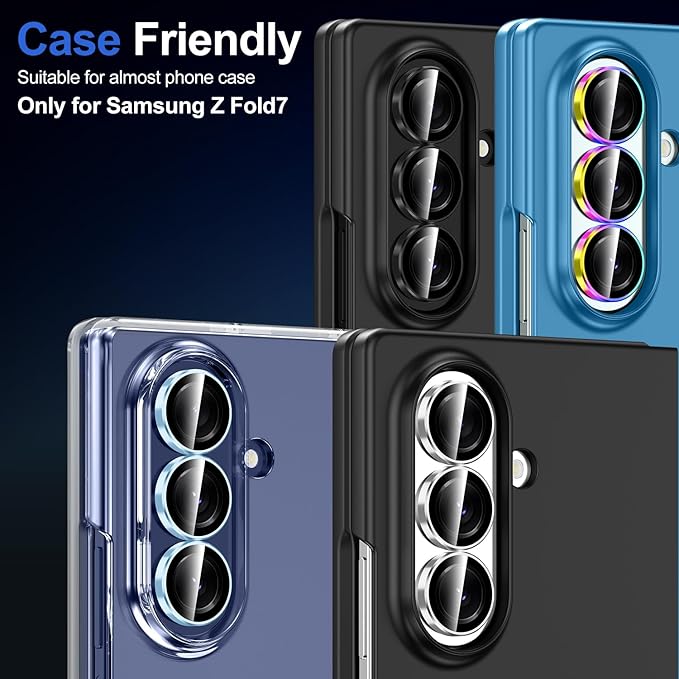 for Samsung Galaxy Z Fold 7 Camera Lens Protector, Individual Metal Ring Tempered Glass Lens Cover, [Strong Adsorption] Scratch Resistant Ultra-Thin HD Clear Lens Cover, 1 Set-Black Ring