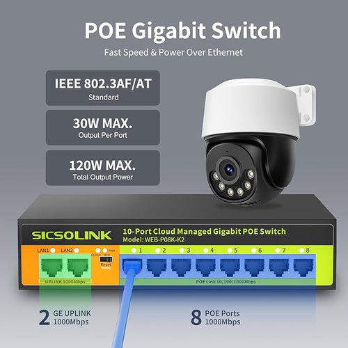 10-Port Gigabit PoE+ Switch, 8×PoE+ 120W 30W/Port, 2×Uplink, Cloud/Web Managed, VLAN, Fanless Metal, for IP Cameras, Home Office, Small Business
