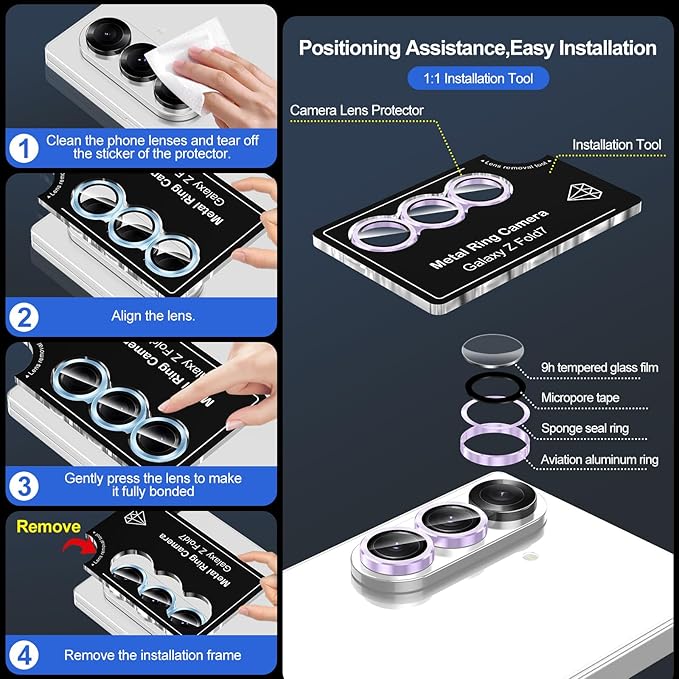 for Samsung Galaxy Z Fold 7 Camera Lens Protector, Individual Metal Ring Tempered Glass Lens Cover, [Strong Adsorption] Scratch Resistant Ultra-Thin HD Clear Lens Cover, 1 Set-Purple