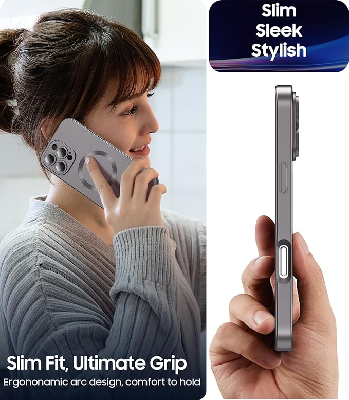 Magnetic for iPhone 16 Pro Case [Compatible with MagSafe][Built-in Camera Lens Protector] Slim Soft Silicone Bumper Shockproof Metallic Phone Case (Titanium Gray)
