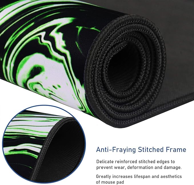 Large Extended Mouse Pad with Stitched Edges, Durable Non-Slip Natural Rubber Base, Waterproof Computer Keyboard Pad Mat for Esports Pros/Gamer/Desktop/Office/Home - Marble Green