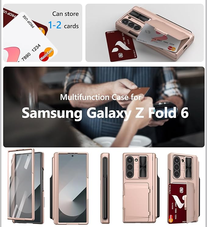 Vihibii for Samsung Galaxy Z Fold 6 Case with S Pen Holder & Card Holder & Slide Camera Cover & Screen Protector & Hinge Protection, Full Cover Shockproof Wallet Phone Case for Z Fold 6 5G, Rose Gold