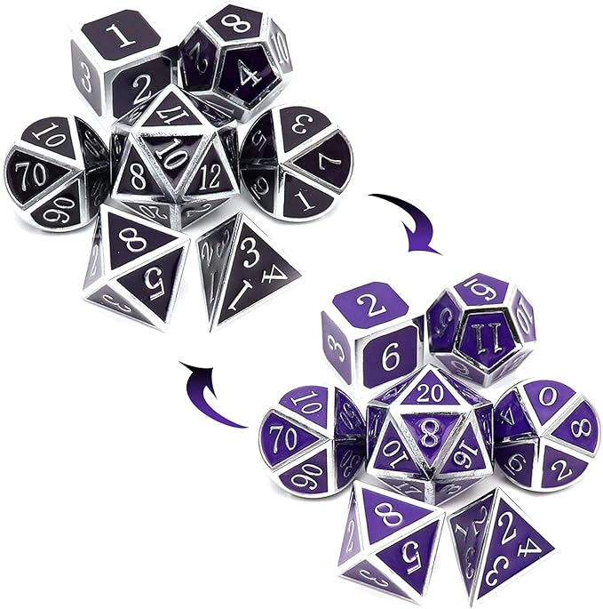 Haxtec Color Changing ByTemperature Metal DND Dice Set Polyhedral D&D Dice Compatible with Dungeons and Dragons RPG-Silver Black Purple Shift