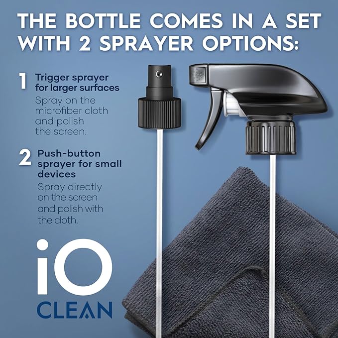 Screen Cleaner Spray (16oz+16oz) – Best Large Cleaning Kit for LCD LED OLED TV, Smartphone, iPad, Laptop, Touchscreen, Computer Monitor, Other Electronic Devices – 2 Microfiber Cloths and 4 Nozzles
