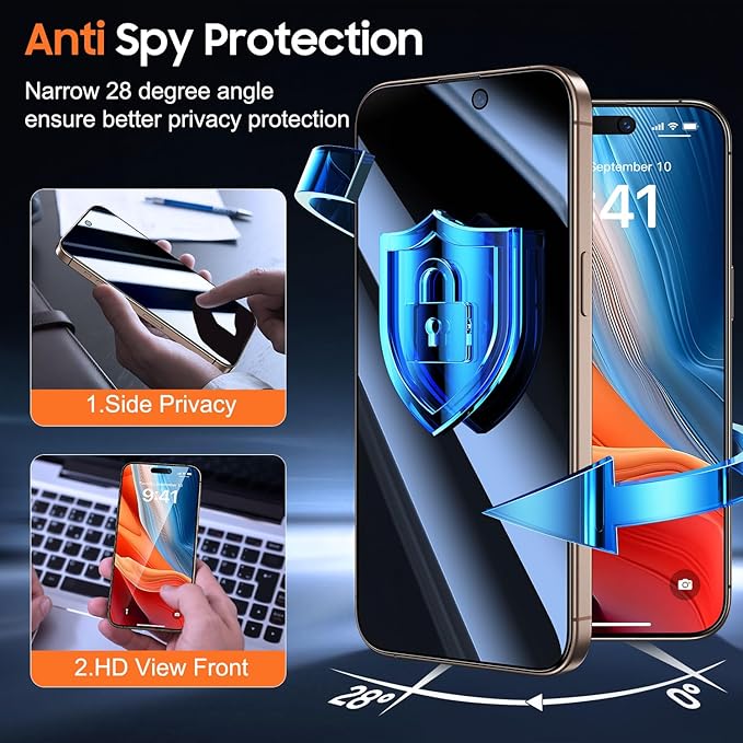UniqueMe for iPhone 16 Pro Privacy Screen Protector - [Military Grade Shatterproof & 9H+ Hardness] Screen Protector 16 Pro Tempered Glass Full Coverage Protection, Easy to install, 2 Packs