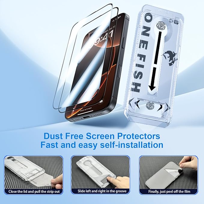 OneFish Full Edge Coverage Tempered Glass Screen Protector for IPhone 15 Pro 6.1 inch, 2 Pack Edge Reinforcement, Self-Aligning Installation, Case Friendly HD Screen Protectors