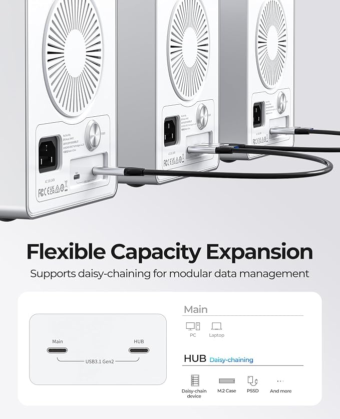 ORICO Daisy Chain 4 Bay Hard Drive Enclosure USB 3.2 Gen 2 Aluminum Das Enclosure USB C Expansion Max Up to 264TB for 3.5-inchs HDD -9948C3