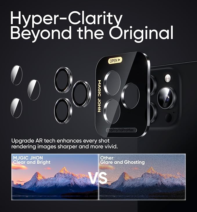 MAGIC JOHN for iPhone 16 Pro Max/16 Pro Camera Lens Protector [Alignment Kit&1:1 Invisible Perfect Fit] 9H Aerospace Tempered Glass Anti-Scratch Durable, Individual Cover Ring, Case Friendly, Set of 2, Clear