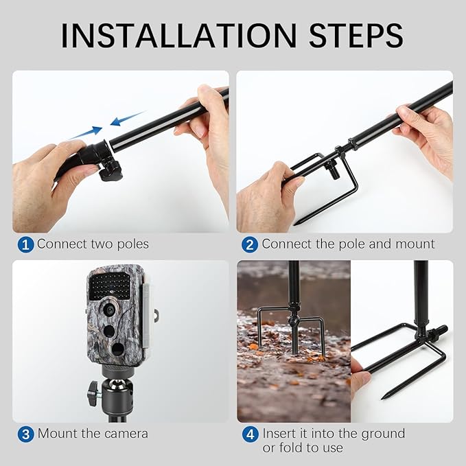 Trail Camera Mount,Height Adjustable (15.7"-28.3") & 360° Rotating Stake,Dual-Mode Base for Soft/Hard Ground Post,Game Cam Stand with 1/4"-20 Thread, Metal pole for Solar Panels,Hunting,Wildlife.2Pcs
