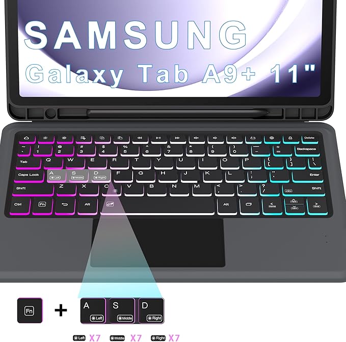 for Galaxy Tab A9+ 11 inch Case with Keyboard - Rainbow Backlit Detachable Tablet Keyboard Cover with Touchpad - Auto Wake-up/Sleep Keyboard Case with Pen Holder for Samsung Galaxy Tab A9 Plus 5G 2023