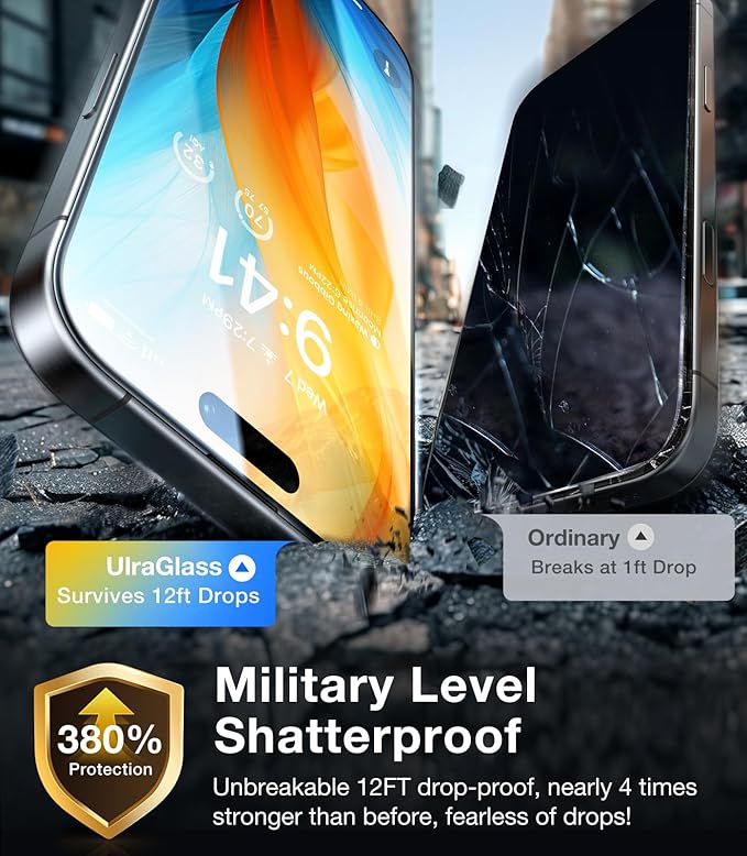 UltraGlass Unbreak Top 9H+ Glass for iPhone 16 Plus Screen Protector [12FT Military Grade Shatterproof] [Full Coverage] Tempered Glass [Longest Durable] 2 Pieces