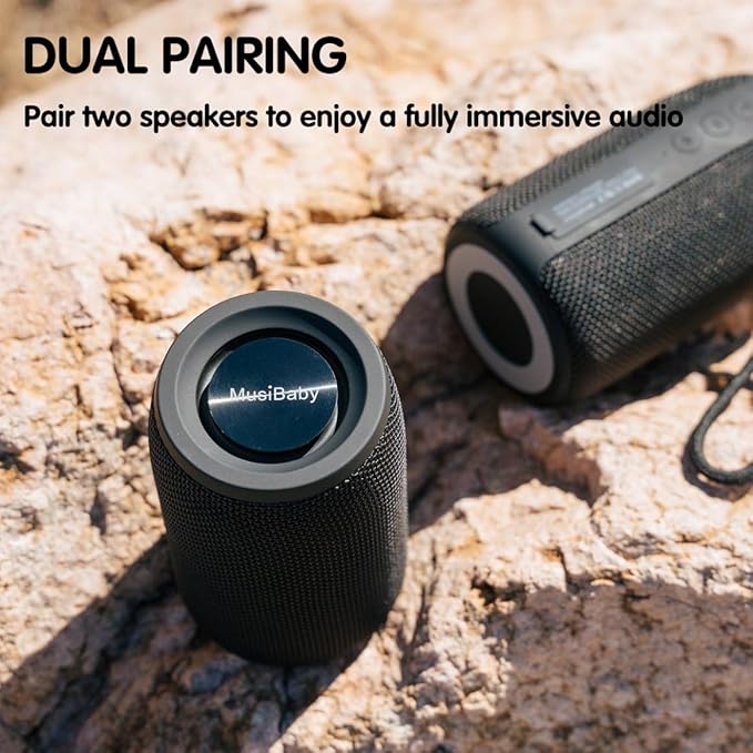 Bluetooth Speaker,MusiBaby M68 Small Portable Speaker:Speaker with BT5.3,Waterproof,Wireless,Bass,HD Sound,24H Playtime for Outdoor，Beach,Party,Stocking Stuffers,White Elephant Gifts(Blk)