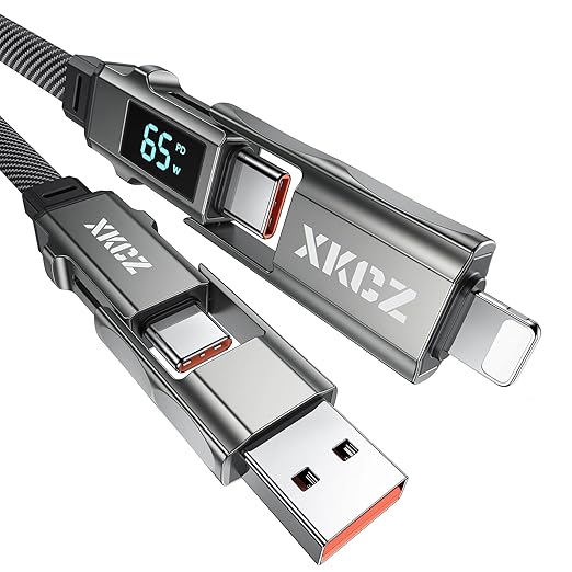 4 in 1 USB C Cable with Wattage Display, 65W Flat Nylon Braided Multi Charge Cable with Data Sync, USB C Charging Cord Combo Type C/USB A/L Port for iPhone/iPad/Samsung/Laptop, 5FT