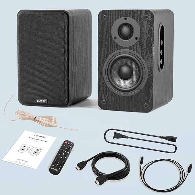 LONPOO Powered Bookshelf Speaker, Active Near Field Studio Monitor with 4" Caron Fiber Woofer and 1" Silk Domed Tweeter,100 Watts RMS with eARC, Optical, Coaxial, Wireless Bluetooth Streaming,Aux-in