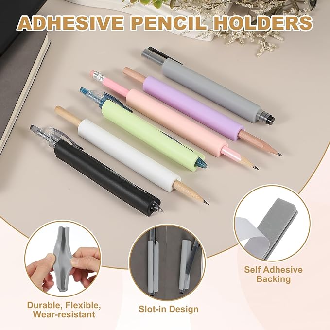 PATIKIL 2 Pcs Adhesive Pencil Holders, 105mm Long Universal Pencil Clip Silicone Pen Holder Office Pen Organizer for Desk Wall Clipboard Notebook Tablet Case Stylus, Black