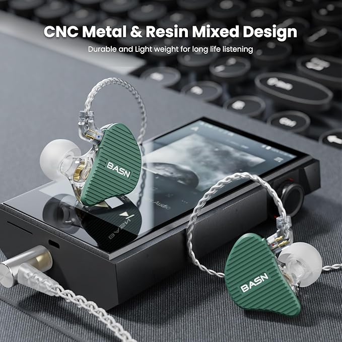 BASN Mix-PD in Ear Monitor,1Planar Driver + 1Dynamic Driver HiFi IEM Earphones with CNC Crafted Metal Cover, Wired 0.78mm 2-Pin Silver Plated Detachable Cable for Musicians (Green)