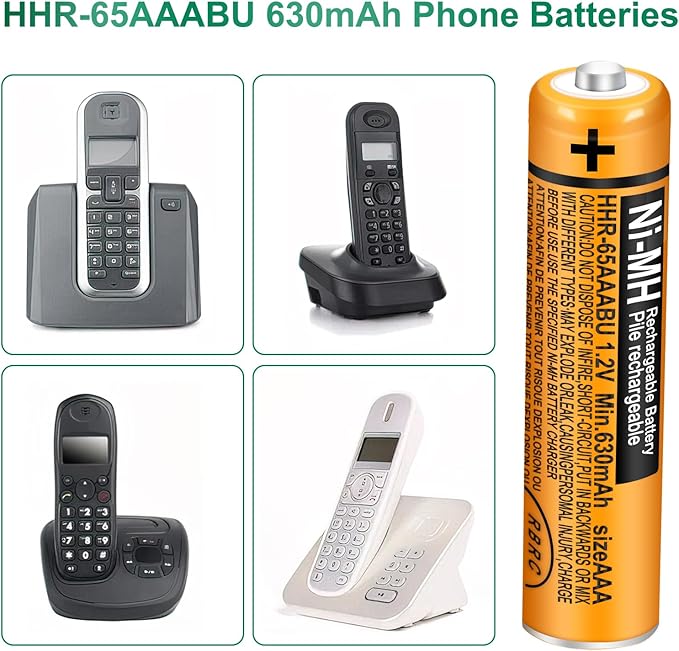 6 Pack HHR-65AAABU NI-MH Rechargeable Batteries 1.2V 630mAh AAA Battery for Panasonic Cordless Telephone Batteries