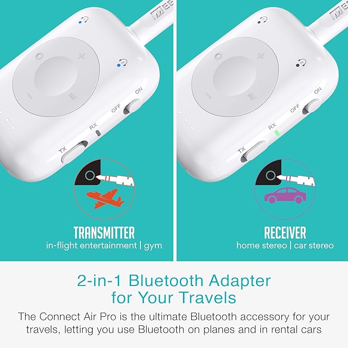 MEE audio Connect Air Pro Bluetooth Wireless Audio Transmitter & Receiver for AirPods or Bluetooth Headphones, 2-in-1 Adapter with Detachable Cable 3.5mm Aux Audio Jack for Airplanes, Auto, Gym, White