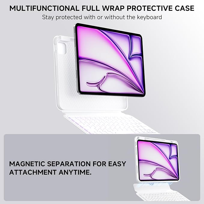 ONLY fit for iPad 12.9 inch Pro 6/5/4/3rd Gen & 13 inch iPad Air (2025 M3, 2024 M2) Case with Detachable Keyboard Trackpad, 360 Rotate Cover Pencil Holder 12 Shortcut Key 7 Color Backlit, White