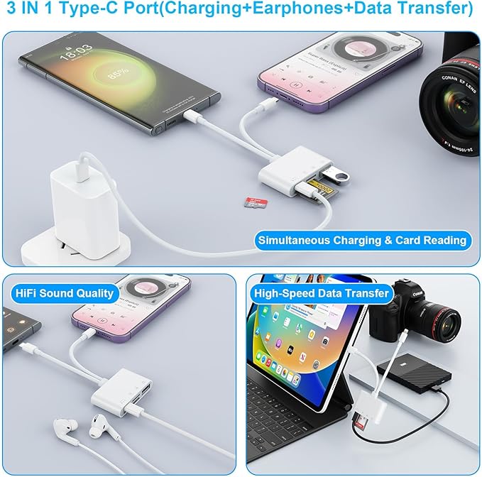 USB C Lightning SD TF Card Reader, 4-in-2 Memory Card Reader for iPhone 15/iPad/Mac/Laptop, Dual Connector Digital Camera Card Adapter with SD+TF+USB OTG+USB C Charging for Photography, Plug and Play