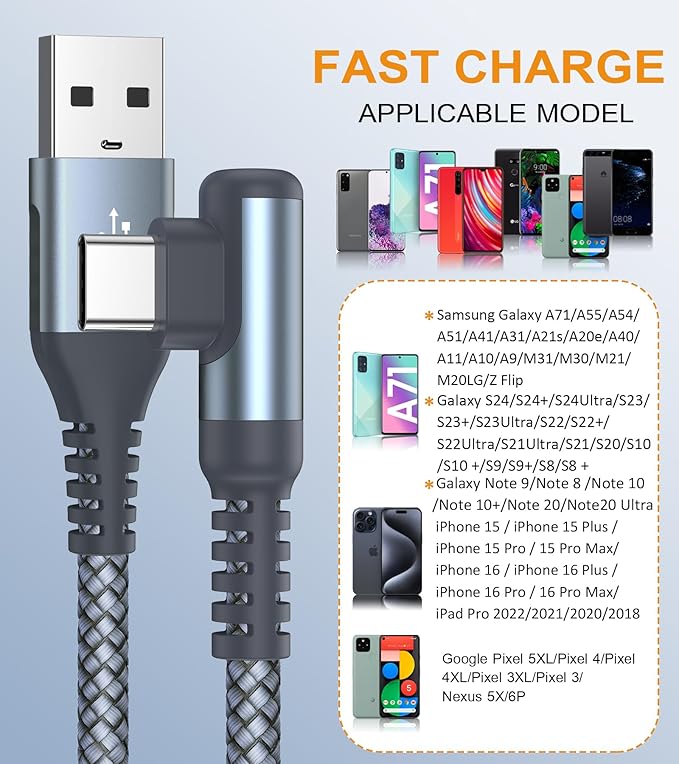 sweguard USB Type C Charger Cable Right Angle [2-Pack,3.3FT] iPhone 16 Charger Braided Cord for iPhone 16 15 Pro Max Plus, Samsung Galaxy S25 S24 S23 S22 S21 S20 S10 S9 A15 Note Flip Pixel LG Moto PS5