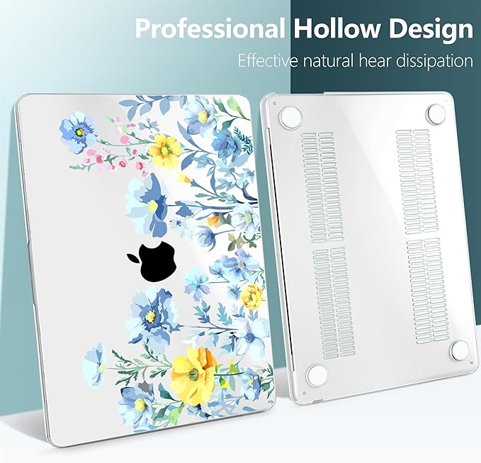 TWOLSKOO Compatible with M4 MacBook Air 13.6 inch Case 2025-2022 Release M4 A3240 M3 A3113 M2 A2681, Plastic Hard Shell & Keyboard Cover & Type C Adapter & Screen Protector, Blue Flowers