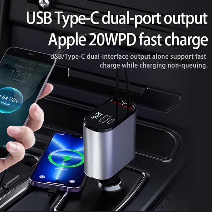 Retractable Car Charger，4 in1 Fast Car Phone Charger with Dual Retractable Cables and 2 Charging Ports (Type C+Lightning Retractable Cords)
