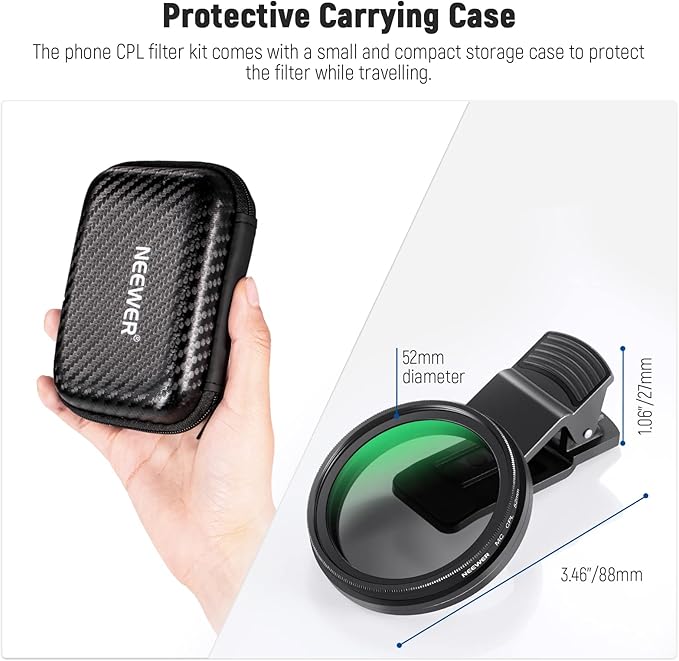 NEEWER 52mm CPL Filter for Phone, Clip On Circular Polarizing Lens Filter with Phone Clip, Storage Case & Cleaning Cloth, Compatible with iPhone Samsung Galaxy Android DSLR Camera, FL-26