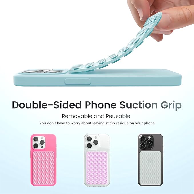 Silicone Double-Sided Suction Phone Grip Detachable Mount - Car Dashboard/Shower Phone Holder, Hands-Free For Selfies & Videos, TikTok/ASMR - iphone & Android Compatible (3.74"x2.2", White+Baby Blue)