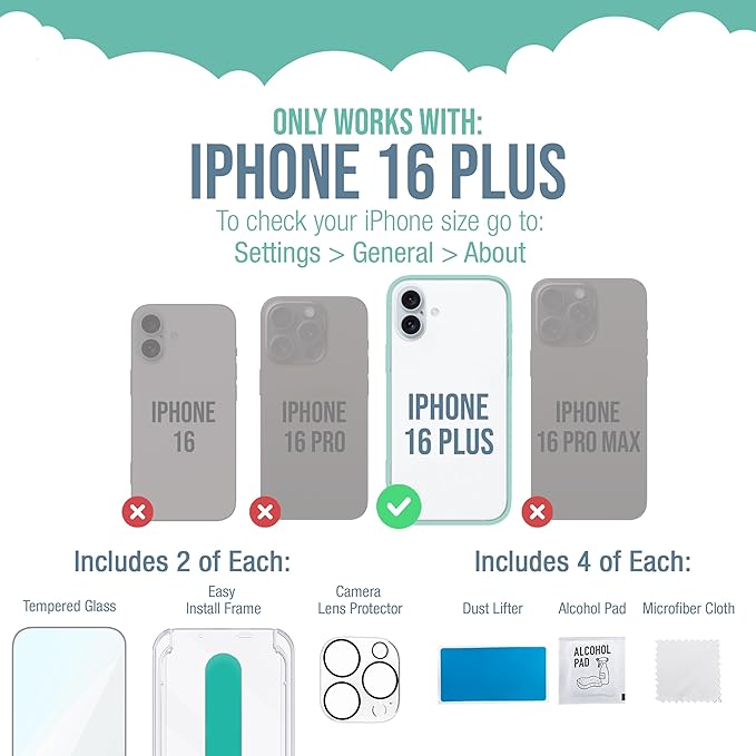 Smartish® iPhone 16 Plus Screen Protector + Camera Lens Covers - Tuff Sheet - 2-Pack Tempered Glass 9H Easy Install Frame Case-Friendly - Dynamic Island for Apple iPhone 16 Plus - Clear 2-Pack
