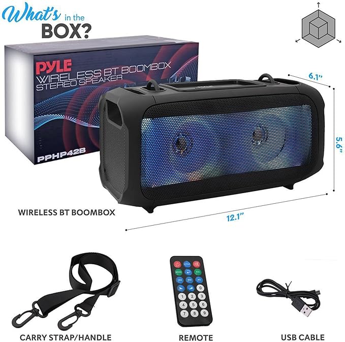 Pyle Wireless Portable Bluetooth Boombox Speaker - 120W Rechargeable Boom Box Speaker Portable Barrel Loud Stereo System - Flashing LED, FM Radio/Aux/MP3/USB Flash Drive/Micro SD, & 1/4" PPHP42B,Black