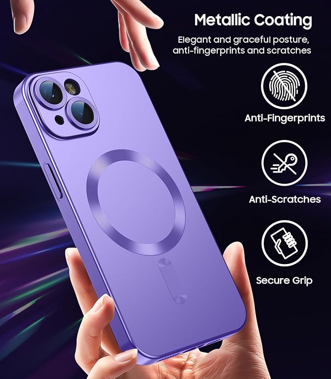 Magnetic for iPhone 14 Case [Compatible with MagSafe][Built-in Camera Lens Protector] Slim Soft Silicone Bumper Shockproof Metallic Luster Phone Case (Purple)