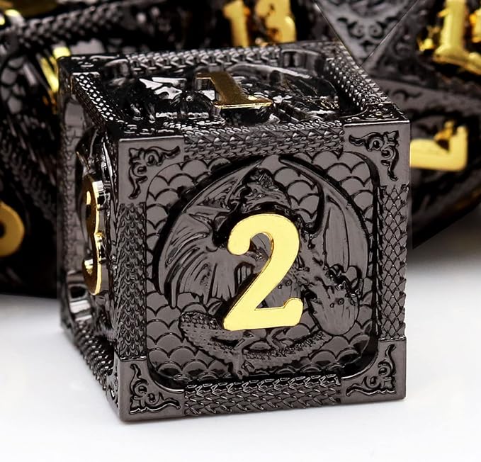 Haxtec Metal DND Dice Set Black Gold Metal D&D Dice with Fire-Breathing Dragon Elements & Leather Dice Bag Polyhedral Dice Compatible with Dungeons and Dragons TTRPG Gifts
