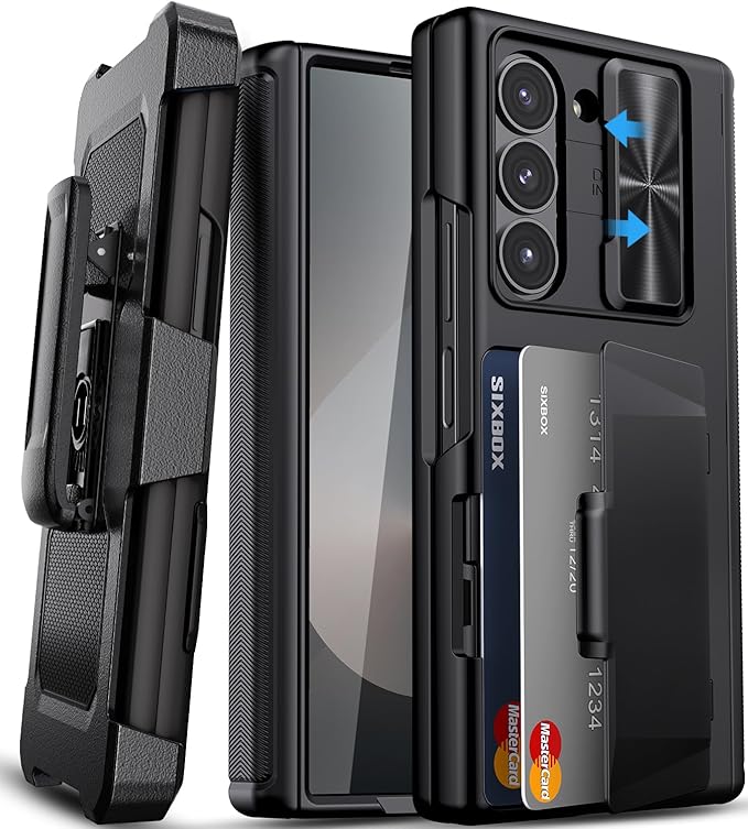 for Samsung Galaxy Z Fold 6 Case with Card Holder & Belt Clip & Slide Camera Cover, Built-in Hinge Protection & Screen Protector, Durable Wallet Phone Cover Case for Z Fold 6 5G 2024, Black