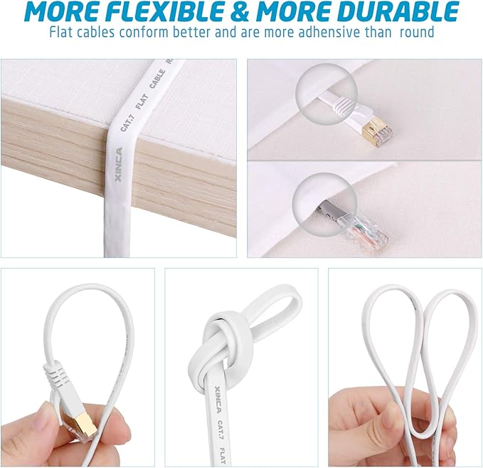 Cat 7 Flat Ethernet Cable 100ft White, High Speed 10GB Shielded (STP) LAN Internet Network Cable Ethernet Patch Computer Cable with Rj45 Connectors and 50pcs Adhesive Cable Clips