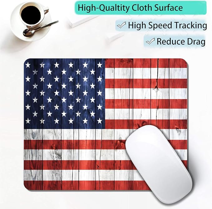 American Flag Wood Custom Mouse Pad with Non-Slip Rubber, Small Square Design for Wireless Laptop & Computer Mouse Pads for Desk, 9.5 x 7.9 inch Smooth Surface for Gaming & Office