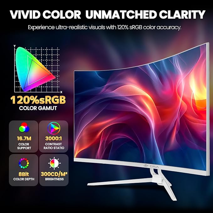 CRUA 32" White Curved Monitor, 4K UHD(3840*2160P) 1500R VA Screen, 75Hz Computer Monitor Supports AMD Freesync, 120% sRGB, Built-in speakers, Blue Light Filter,Wall Mountable Installs(HDMI 2.0/DP 1.4)