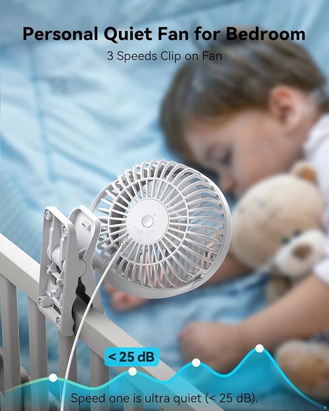 GEHEN Small Clip on Fan, 3-Speed Fan with Strong Airflow, USB-Powered Clip & Desk Fan with Sturdy Clamp, Ultra Quiet for Office Dorm Bedroom Stroller
