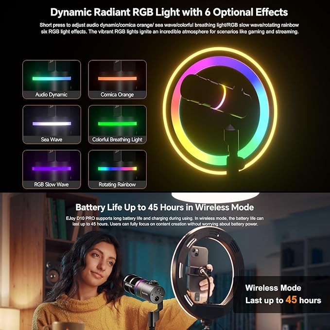 COMICA D10 Pro D Wireless/XLR/USB Dynamic Microphone with Receiver Desktop Stand- Dual Channel Cardioid Mic, 45H Battery, RGB Lights, CalMix Denoise for Gaming/Streaming/PD(PC, PS4/5, Mac,Phone-White