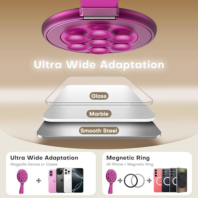 TAURI for Magsafe Suction Phone Grip,Universal Magnetic Suction Grip, 360 Rotating Hands-Free Holder, Silicone Suction Phone Grip Compatible with iPhone 16 Pro Max/15/Android/S25, Hot Pink