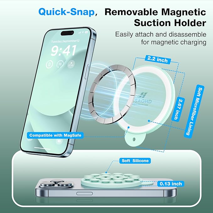 Magnetic Suction Cup Phone Mount for MagSafe Case, Silicone Hands-Free Phone Grip Holder for iPhone and Android, Mirror Shower Phone Stand for Makeup FaceTime Gym Kitchen Bathroom, Mint Green