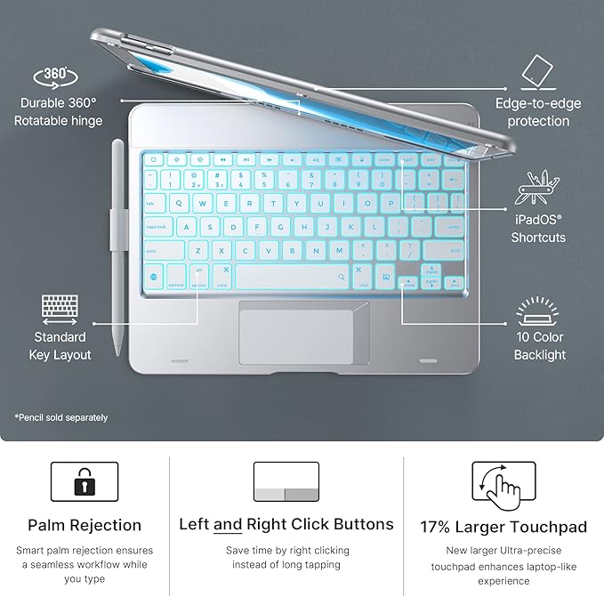 typecase Touch Case with Keyboard for iPad 9th Generation (10.2", 2021), Multi-Touch Trackpad, 10 Color Backlight, 360, Thin & Light - iPad 8th Gen (2020), 7th Gen (2019), Air 3, Pro 10.5 (Silver)