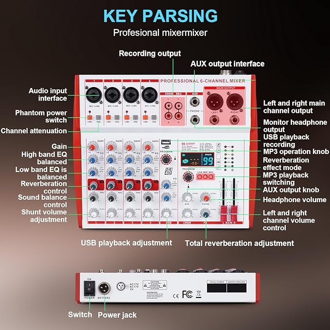 MW-6 6 Channel Professional DJ Audio Mixer, Portable Controller Mixer with DSP 99 Preset Effects for Live Streaming, Podcasting, Family Party (mw-6 white)