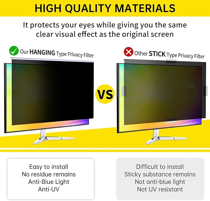 〔2-Pack〕 27 Inch Computer Privacy Screen Filter for 16:9 Monitor, Anti-Blue Light, Anti-UV Blue Light Blocking Removable Privacy Protector Shield, Hanging Type