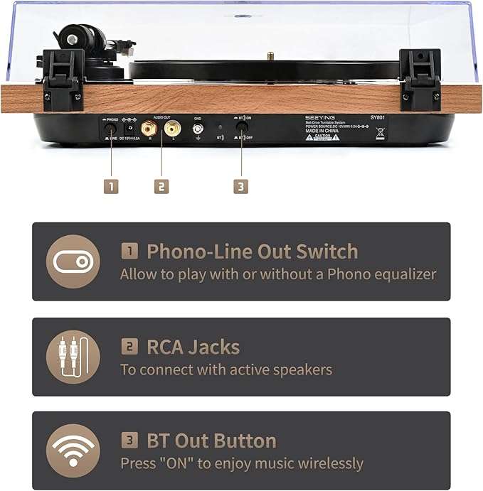 Turntable Vinyl Record Player Support Bluetooth Output Phono/Line Switch Pitch Control with Pre-Installed Counterweight & Magnetic Cartridge, Belt Drive 2 Speed