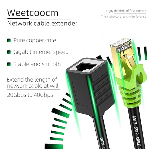Ethernet Extension Cable 1.5ft, Network Cat6a Extension Patch Cable RJ45 Cords Shielded Male to Female Connector (1.5FT)