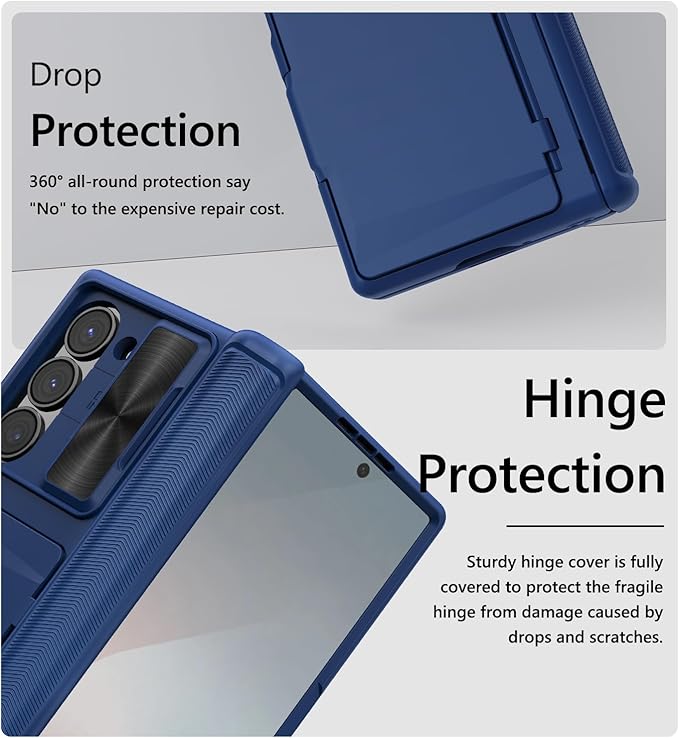 Vihibii for Samsung Galaxy Z Fold 6 Case Wallet with Card Holder & Slide Camera Lens Cover & Screen Protector & Hinge Protection, Durable Rugged Protective Phone Case for Galaxy Z Fold 6 2024, Blue