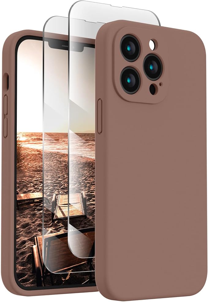 FireNova Designed for iPhone 13 Pro Max Case, Silicone [Camera Protection] Phone Case with [2 Screen Protectors], Soft Anti-Scratch Microfiber Lining Inside, 6.7 inch, Light Brown