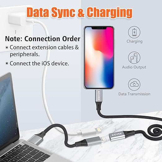 AGVEE 2 Pack 4 inch Lightning Extension Cable, Braided Female to Male Extender Full Function Cord Compatible with iPhone iPad, Data Sync Video Audio & Charging Connector Adapter, Dark Gray