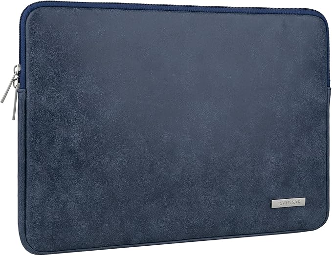 RAINYEAR 14 Inch Laptop Sleeve Protective Case PU Suede Leather Zipper Padded Cover Water Resistant Carrying Bag Compatible with 14" Notebook Computer Chromebook(Deep Blue)